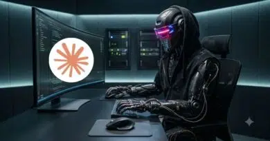 Hacker in a black armored suit at a server-room desk, typing on a keyboard with code on the monitor and a white circle containing an orange starburst logo.