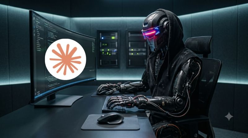 Hacker in a black armored suit at a server-room desk, typing on a keyboard with code on the monitor and a white circle containing an orange starburst logo.