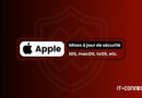 Apple logo and a bold French message about security updates for iOS, macOS, tvOS on a dark red gradient banner (IT-CONNECT.fr).