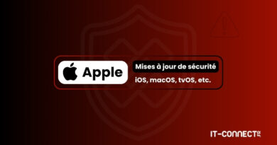 Apple logo and a bold French message about security updates for iOS, macOS, tvOS on a dark red gradient banner (IT-CONNECT.fr).