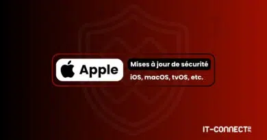 Apple logo and a bold French message about security updates for iOS, macOS, tvOS on a dark red gradient banner (IT-CONNECT.fr).