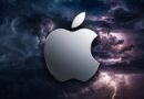 Silver Apple logo against a dark, stormy sky with lightning bolts in the background.