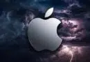 Silver Apple logo against a dark, stormy sky with lightning bolts in the background.