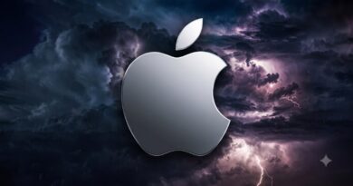 Silver Apple logo against a dark, stormy sky with lightning bolts in the background.