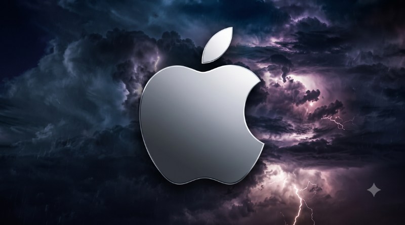 Silver Apple logo against a dark, stormy sky with lightning bolts in the background.