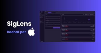 Banner showing the SigLens logo with the French phrase 'Rachat par Apple' and an Apple logo beside a dark software dashboard UI, indicating SigLens was acquired by Apple.