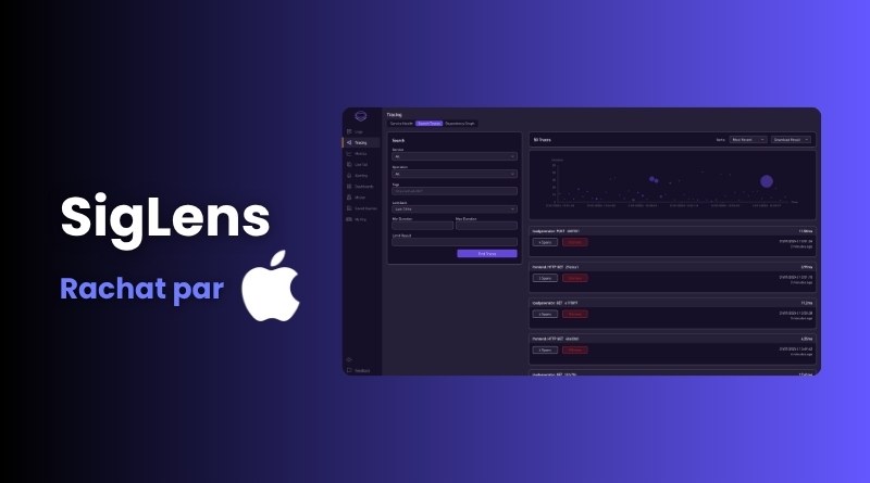 Banner showing the SigLens logo with the French phrase 'Rachat par Apple' and an Apple logo beside a dark software dashboard UI, indicating SigLens was acquired by Apple.