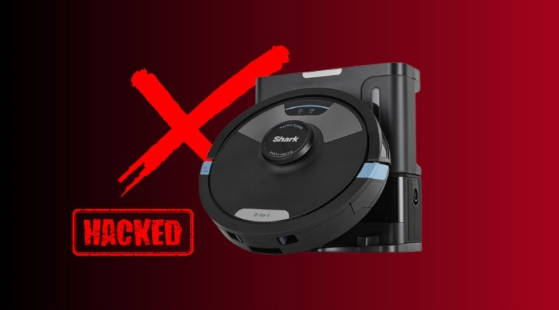 Robot vacuum with a bold red X and a HACKED stamp, signaling a security breach in a smart home device.