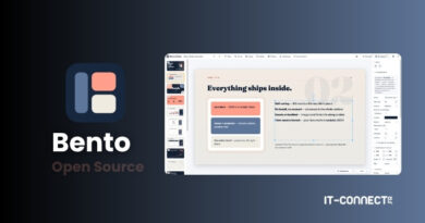 Left: Bento Open Source logo on a dark gradient background, right: UI design mockup featuring the text 'Everything ships inside' and an IT-CONNECT watermark.