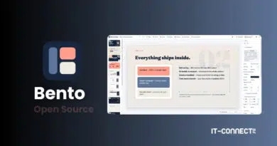 Left: Bento Open Source logo on a dark gradient background, right: UI design mockup featuring the text 'Everything ships inside' and an IT-CONNECT watermark.