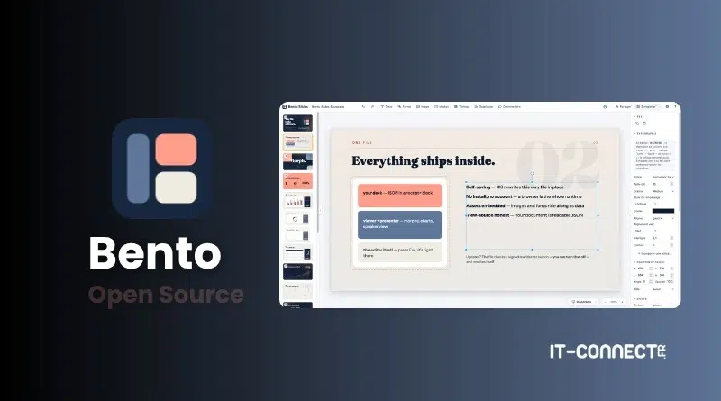 Left: Bento Open Source logo on a dark gradient background, right: UI design mockup featuring the text 'Everything ships inside' and an IT-CONNECT watermark.