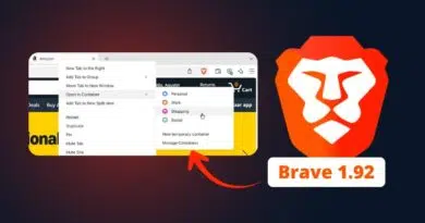 Graphic of a Brave browser window with a context menu open and a highlighted 'Social' tab, beside a bold Brave logo and a 'Brave 1.92' badge.