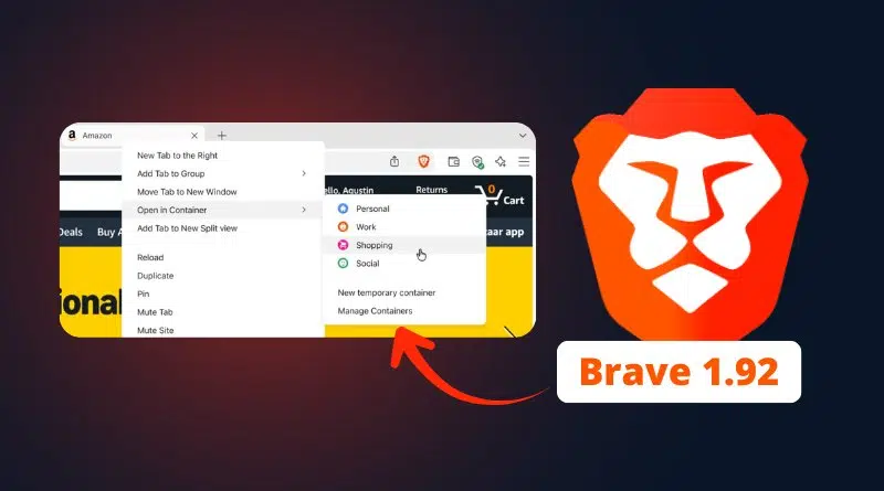 Graphic of a Brave browser window with a context menu open and a highlighted 'Social' tab, beside a bold Brave logo and a 'Brave 1.92' badge.