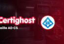 Brand banner with 'Certghost' logo and 'Faille AD CS' text over a red-tinted server room and a blue network emblem on the right.