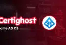 Brand banner with 'Certghost' logo and 'Faille AD CS' text over a red-tinted server room and a blue network emblem on the right.