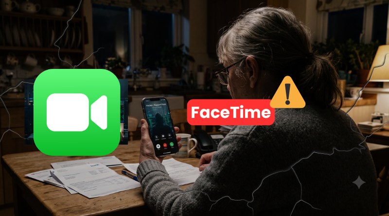 Person at a desk using a smartphone for video chat, with Zoom and FaceTime logos and a caution symbol in the foreground.