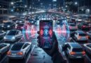 Person holds a smartphone displaying Bluetooth signals over a busy highway of cars, symbolizing car-to-car connectivity.