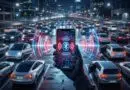 Person holds a smartphone displaying Bluetooth signals over a busy highway of cars, symbolizing car-to-car connectivity.