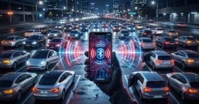 Person holds a smartphone displaying Bluetooth signals over a busy highway of cars, symbolizing car-to-car connectivity.