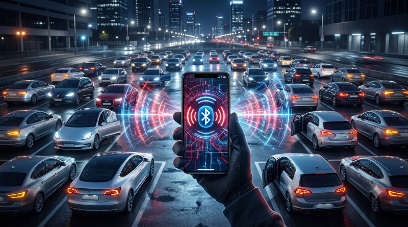 Person holds a smartphone displaying Bluetooth signals over a busy highway of cars, symbolizing car-to-car connectivity.