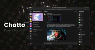 Screenshot of the Chatto Open Source chat app showing a dark UI with a left sidebar and a central chat feed including a video thumbnail.