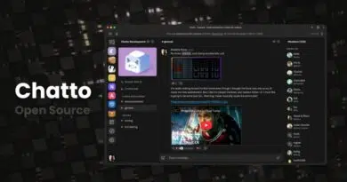 Screenshot of the Chatto Open Source chat app showing a dark UI with a left sidebar and a central chat feed including a video thumbnail.