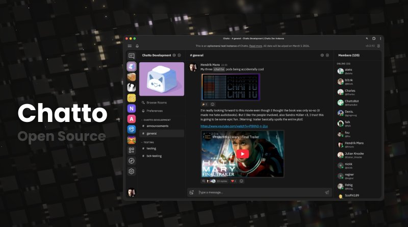 Screenshot of the Chatto Open Source chat app showing a dark UI with a left sidebar and a central chat feed including a video thumbnail.