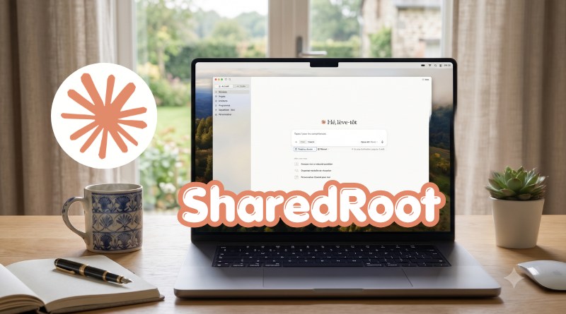 Laptop on a wooden desk displaying software UI with ShareDRoot branding; a mug, notebook, and small plant nearby.