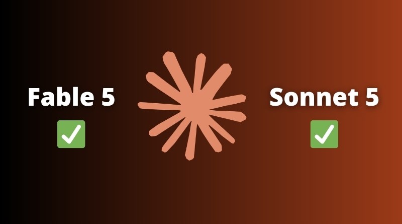 Left and right labels 'Fable 5' and 'Sonnet 5' with green checkmarks, centered decorative star on a gradient background, implying both items are selected or complete.