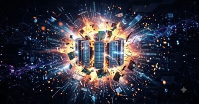 Central data server rack engulfed in a fiery explosion with streams of binary code and digital particles nearby, depicting a data center surge or cyber event in progress.
