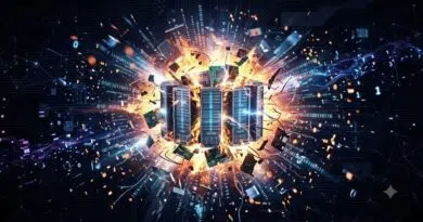 Central data server rack engulfed in a fiery explosion with streams of binary code and digital particles nearby, depicting a data center surge or cyber event in progress.