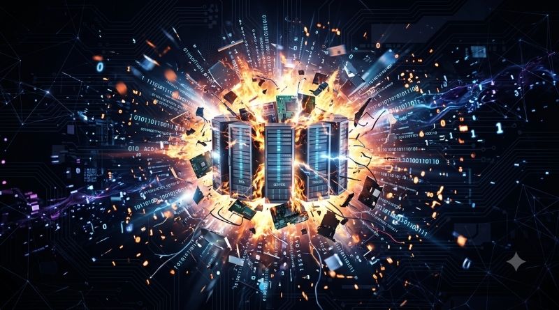 Central data server rack engulfed in a fiery explosion with streams of binary code and digital particles nearby, depicting a data center surge or cyber event in progress.