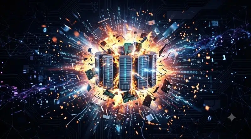 Central data server rack engulfed in a fiery explosion with streams of binary code and digital particles nearby, depicting a data center surge or cyber event in progress.