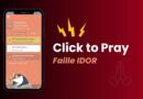 Banner showing a smartphone with a peach-toned prayer app interface beside bold text 'Click to Pray' on a dark red gradient background, with a faint prayer icon on the right.