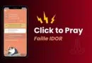 Banner showing a smartphone with a peach-toned prayer app interface beside bold text 'Click to Pray' on a dark red gradient background, with a faint prayer icon on the right.
