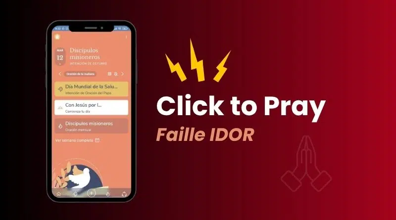 Banner showing a smartphone with a peach-toned prayer app interface beside bold text 'Click to Pray' on a dark red gradient background, with a faint prayer icon on the right.