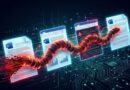 Abstract data stream (glowing red serpent) weaves through floating Word-like documents and charts, symbolizing data flow across networks.