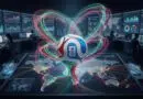Soccer ball hovering above a glowing world map with neon data lines in a high-tech control room