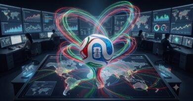 Soccer ball hovering above a glowing world map with neon data lines in a high-tech control room
