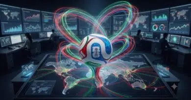 Soccer ball hovering above a glowing world map with neon data lines in a high-tech control room