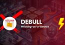 Banner illustration for Debull Phishing-as-a-Service, showing a red X, envelope icon, and a yellow lightning bolt over a data-center backdrop.