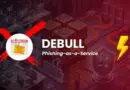 Banner illustration for Debull Phishing-as-a-Service, showing a red X, envelope icon, and a yellow lightning bolt over a data-center backdrop.