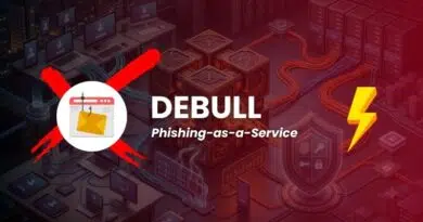Banner illustration for Debull Phishing-as-a-Service, showing a red X, envelope icon, and a yellow lightning bolt over a data-center backdrop.