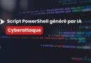 French banner showing 'Script PowerShell généré par IA' with a red pill-shaped label 'Cyberattaque'—illustrating AI-generated PowerShell scripts related to cyberattacks.
