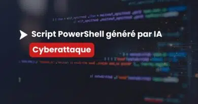 Hackers Use an AI-Generated PowerShell Script to Map Active Directory French banner showing 'Script PowerShell généré par IA' with a red pill-shaped label 'Cyberattaque'—illustrating AI-generated PowerShell scripts related to cyberattacks.