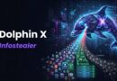 Neon dolphin with an X logo, representing the Dolphin X Infostealer malware and data-exfiltration concept in a digital network.