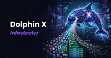 Neon dolphin with an X logo, representing the Dolphin X Infostealer malware and data-exfiltration concept in a digital network.