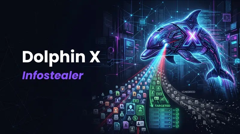 Neon dolphin with an X logo, representing the Dolphin X Infostealer malware and data-exfiltration concept in a digital network.