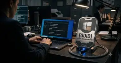 Person typing at a laptop in a dim office; a badge-shaped Global Device Identifier (GDDI) device sits on the desk with a blue LED.