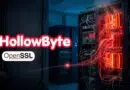 Server room with glowing red network cables and racks; HollowByte branding and OpenSSL badge overlaid